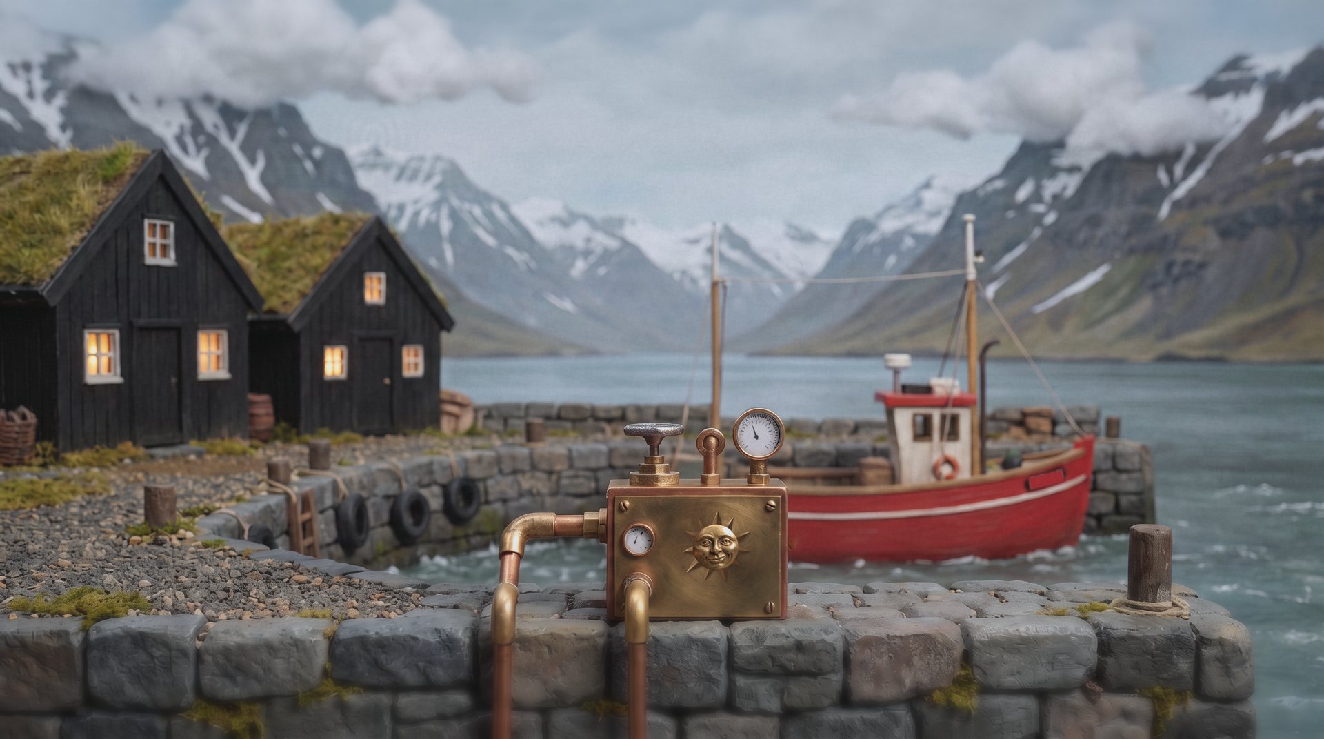 A red lobster puppet in an olive waxed jacket and a mustard knitted hat works a brass panel set into a stone harbour wall. Black turf-roofed houses behind him; a small brass bell on a driftwood frame at the waterline; buoys on a grey fjord.