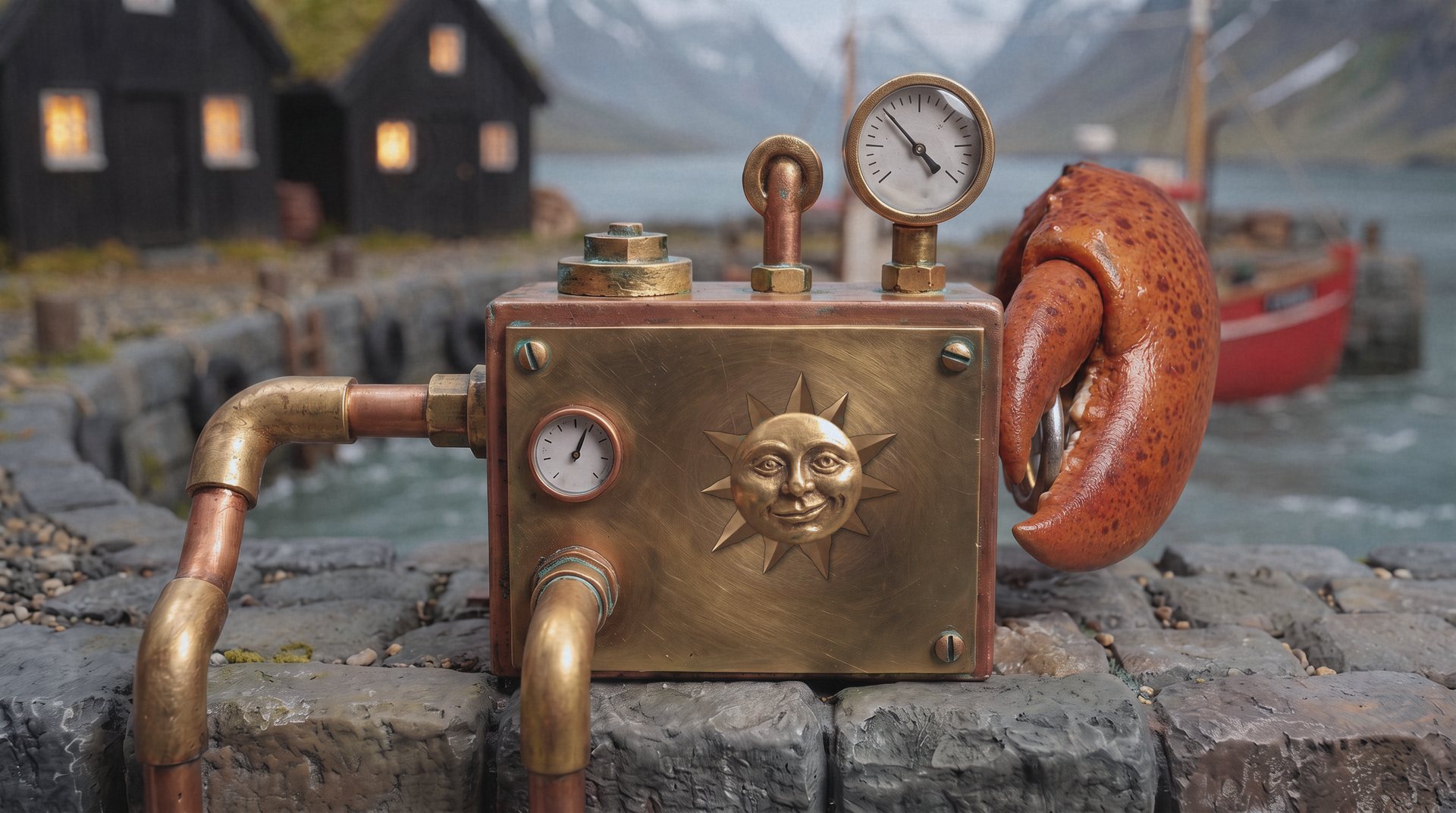 Close on a brass panel in a stone wall. Gauges, copper pipes with green patina, a painted sun-face, a small wooden flip-board, and a lobster's claw holding up an iron key on a leather cord.