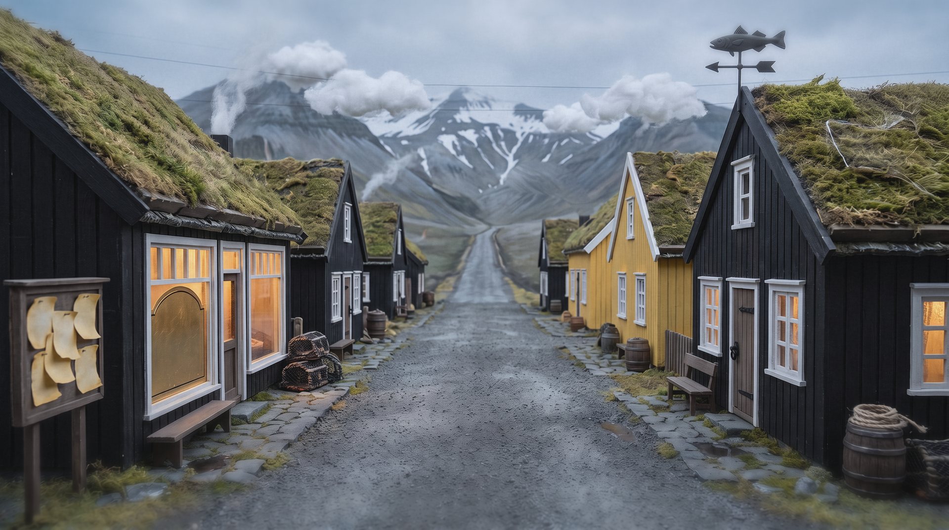 One gravel street of tarred black houses with turf roofs and white window frames, running toward snowy mountains. A yellow house on the right, a fish-shaped weather vane on a roof, a notice board and a shop window on the left.