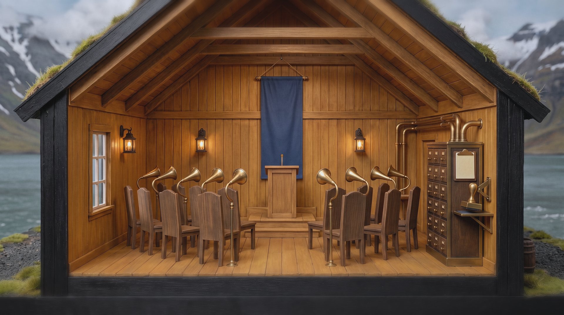 A timber hall cut away like a doll's house. A podium under a blue banner, rows of wooden chairs with brass speaking horns on arms, a tall cabinet of drawers piped through the wall, a window onto a grey fjord.
