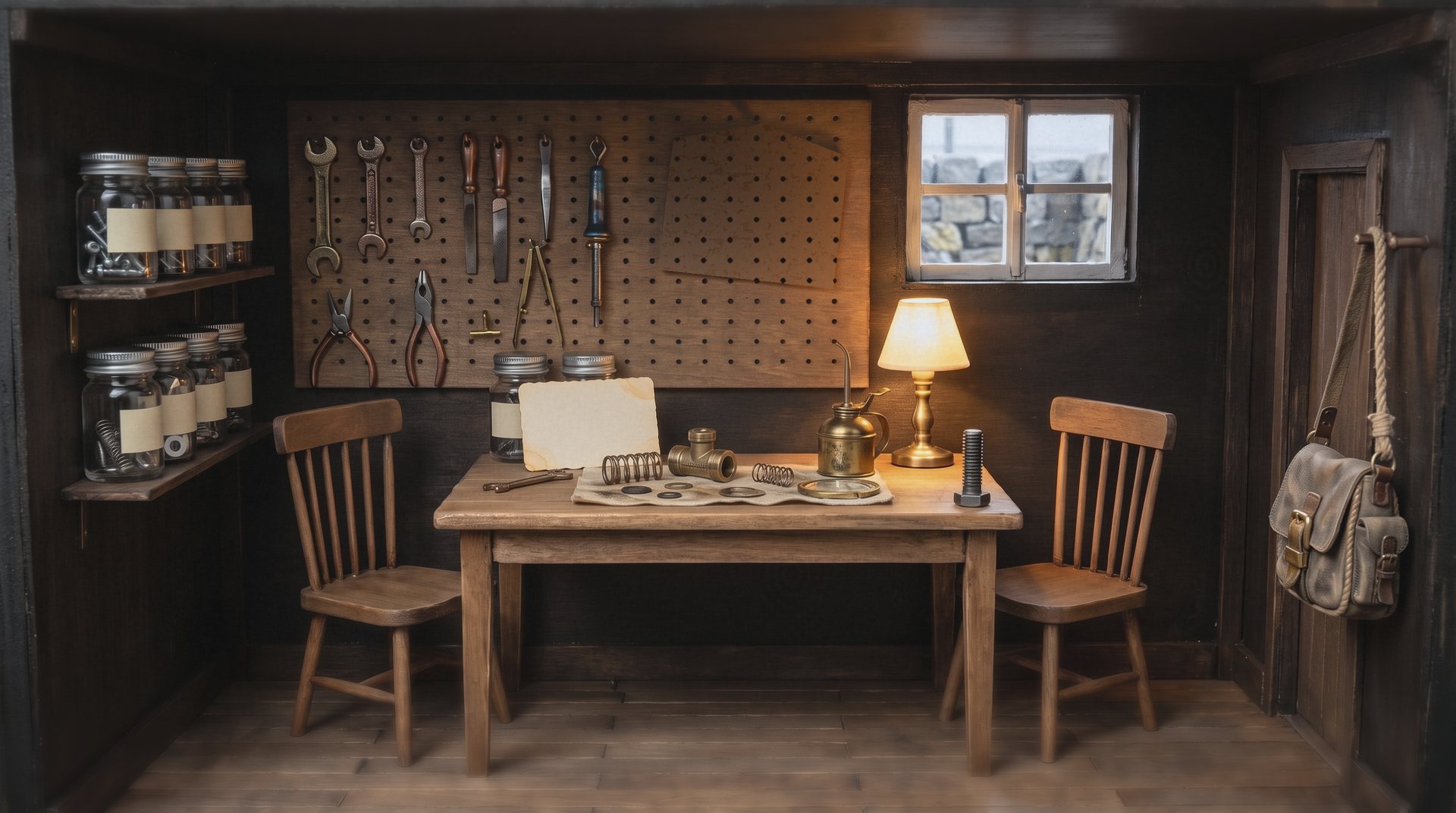 A small wooden workshop. Pegboards of tools, shelves of labelled jars, a table with a lamp and a half-mended valve, two chairs, a framed photograph hanging a little crooked, a leather satchel on a hook.