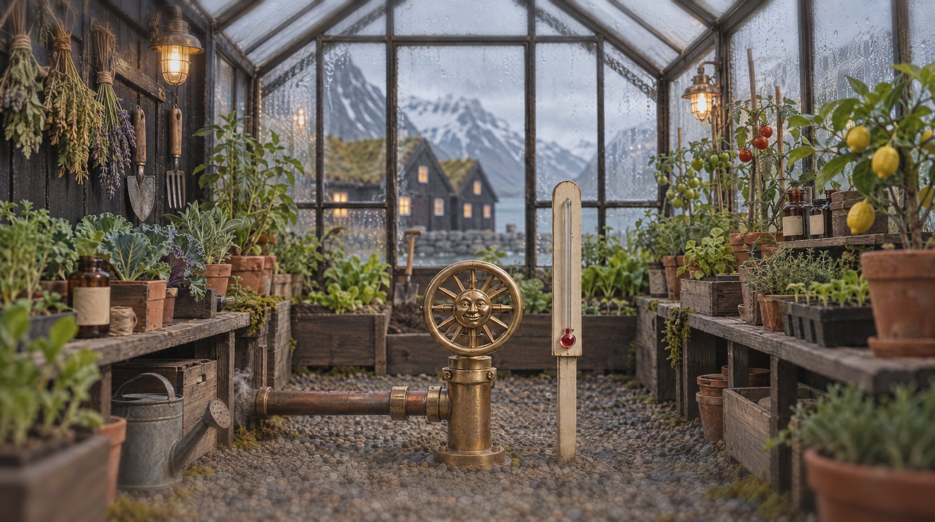 A small glass-and-iron greenhouse full of green plants, condensation on the panes. A hedgehog in a sage-green apron and a dark-green knitted headband stands by a brass valve with a painted sun-face. A tall thermometer of coloured spirit on the wall.