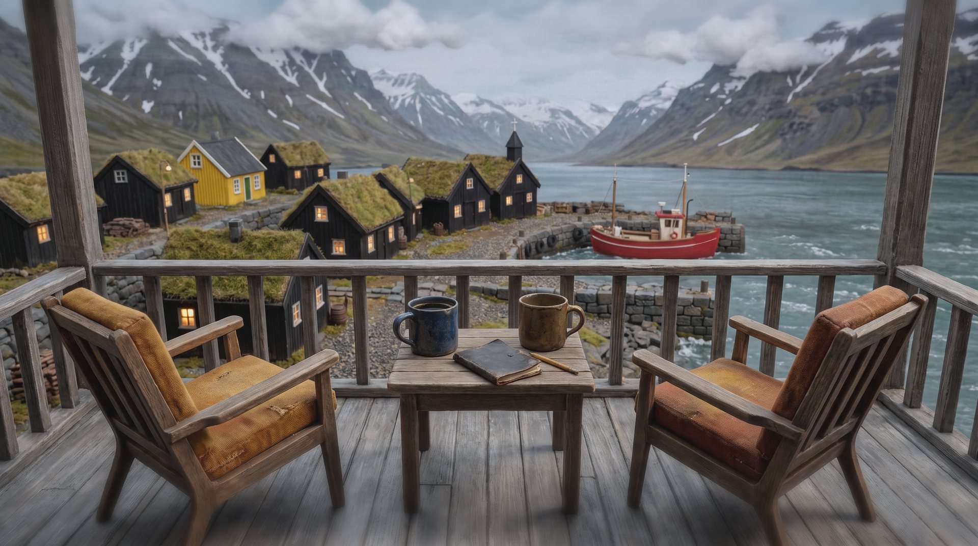 Two wooden armchairs on a porch high above a village of black turf-roofed houses, a harbour with a red boat and a fjord between snowy mountains. On the table between the chairs, a blue cup, a brown cup and a notebook.