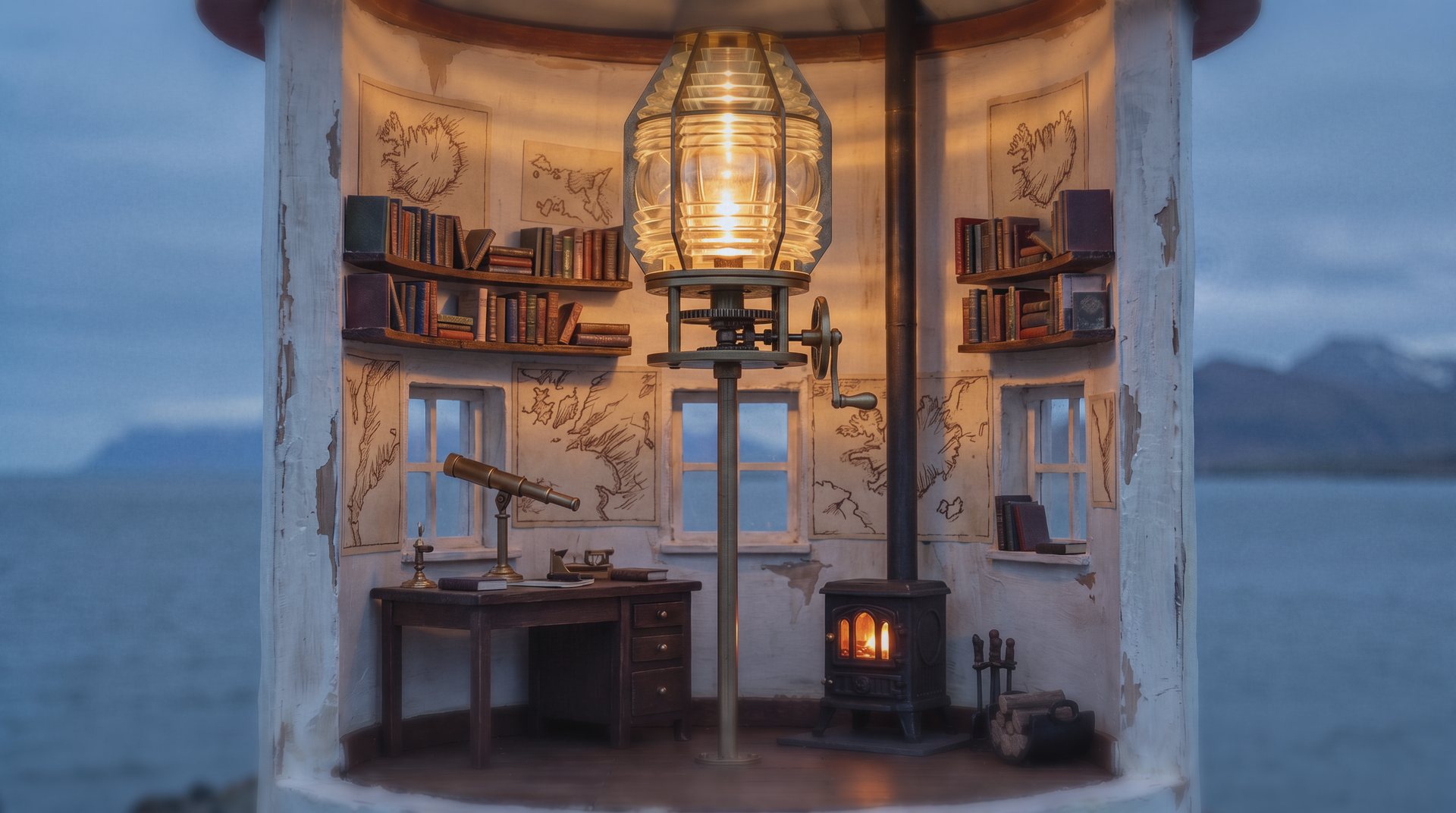 The round lamp room at the top of a white tower. A great lamp in brass and glass, shelves of old books, maps drawn on the curved walls, a brass telescope at the window, a small peat stove glowing.
