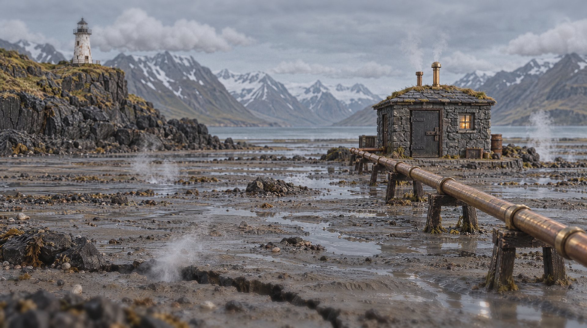 A wide grey mudflat with ripple marks and wisps of steam. A brass pipe runs out across the mud to a squat stone hut with an iron door. A white lighthouse on a headland to the left, a fjord and mountains beyond.