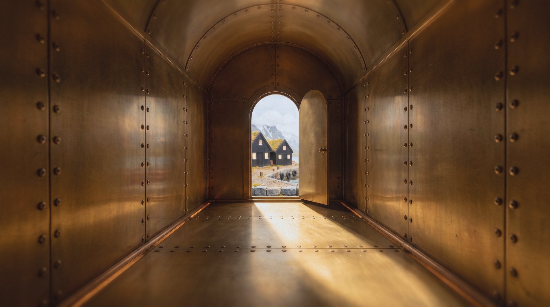 Warm brass light at the end of a long corridor.