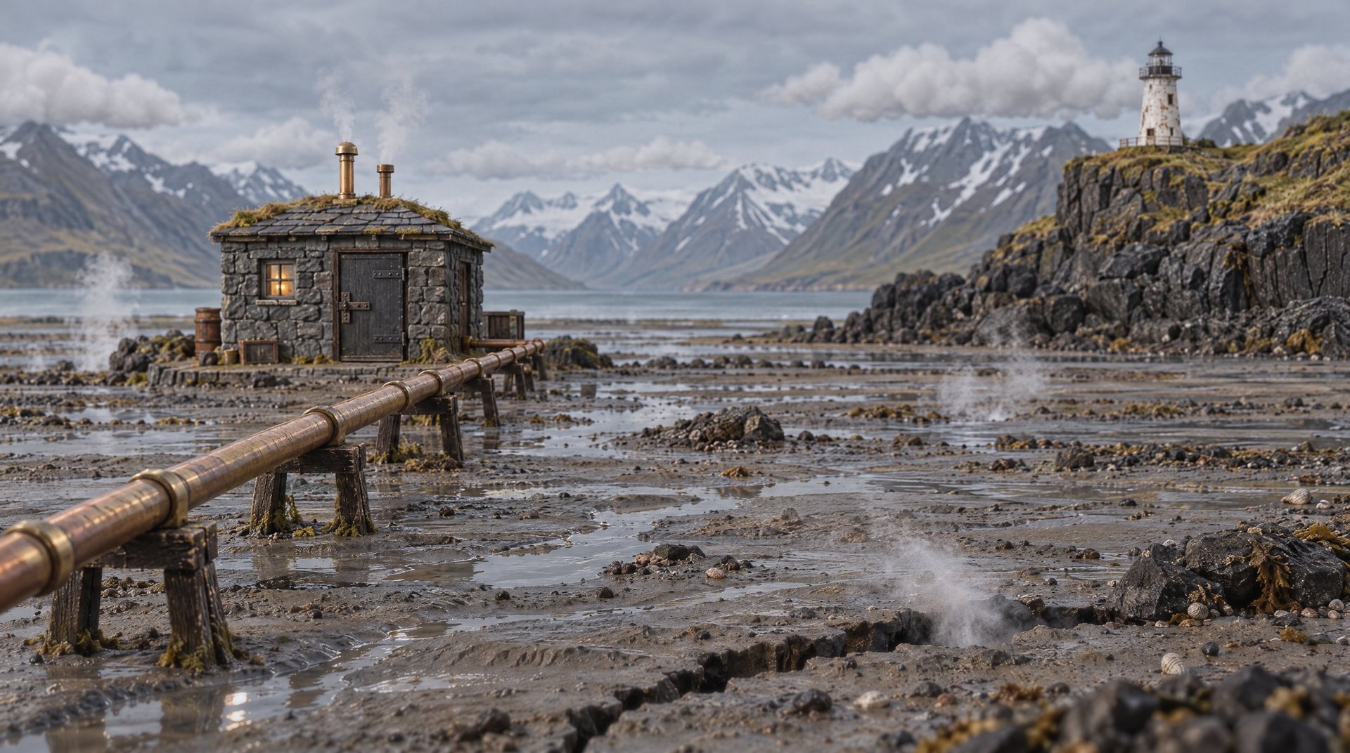 A grey mudflat in bright light.