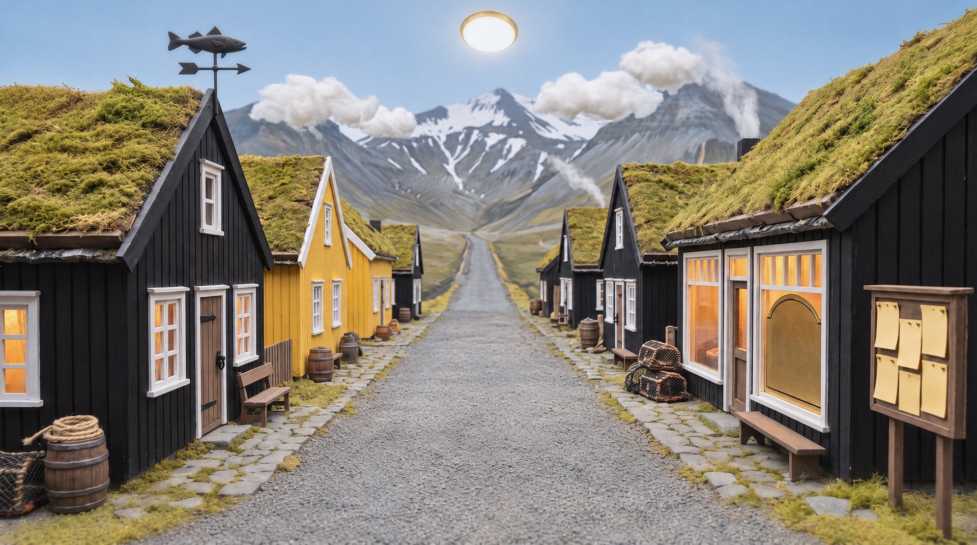 A street of black houses, brightly lit from above.