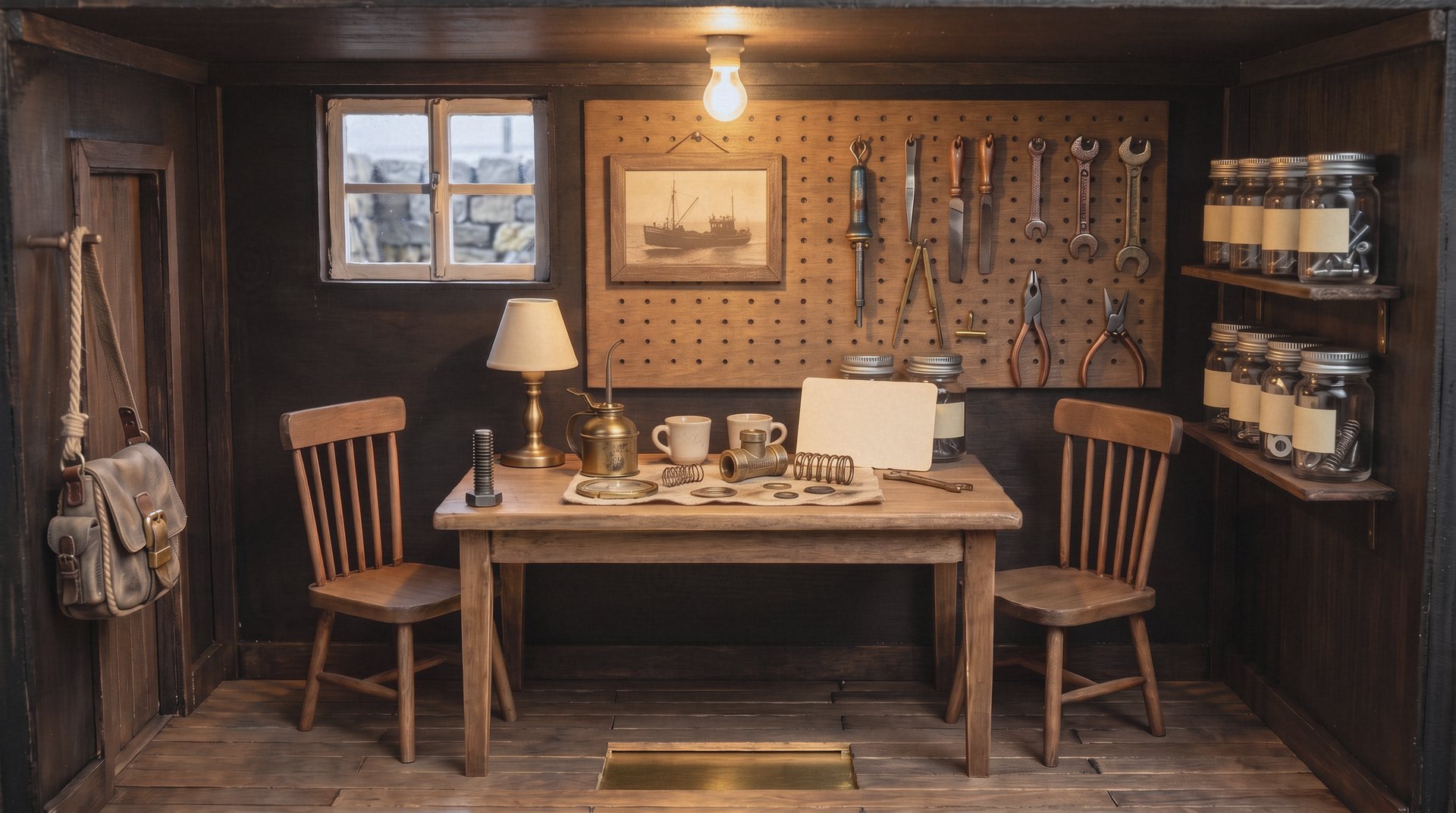 A small wooden workshop, brightly lit from above. Two cups on the table.