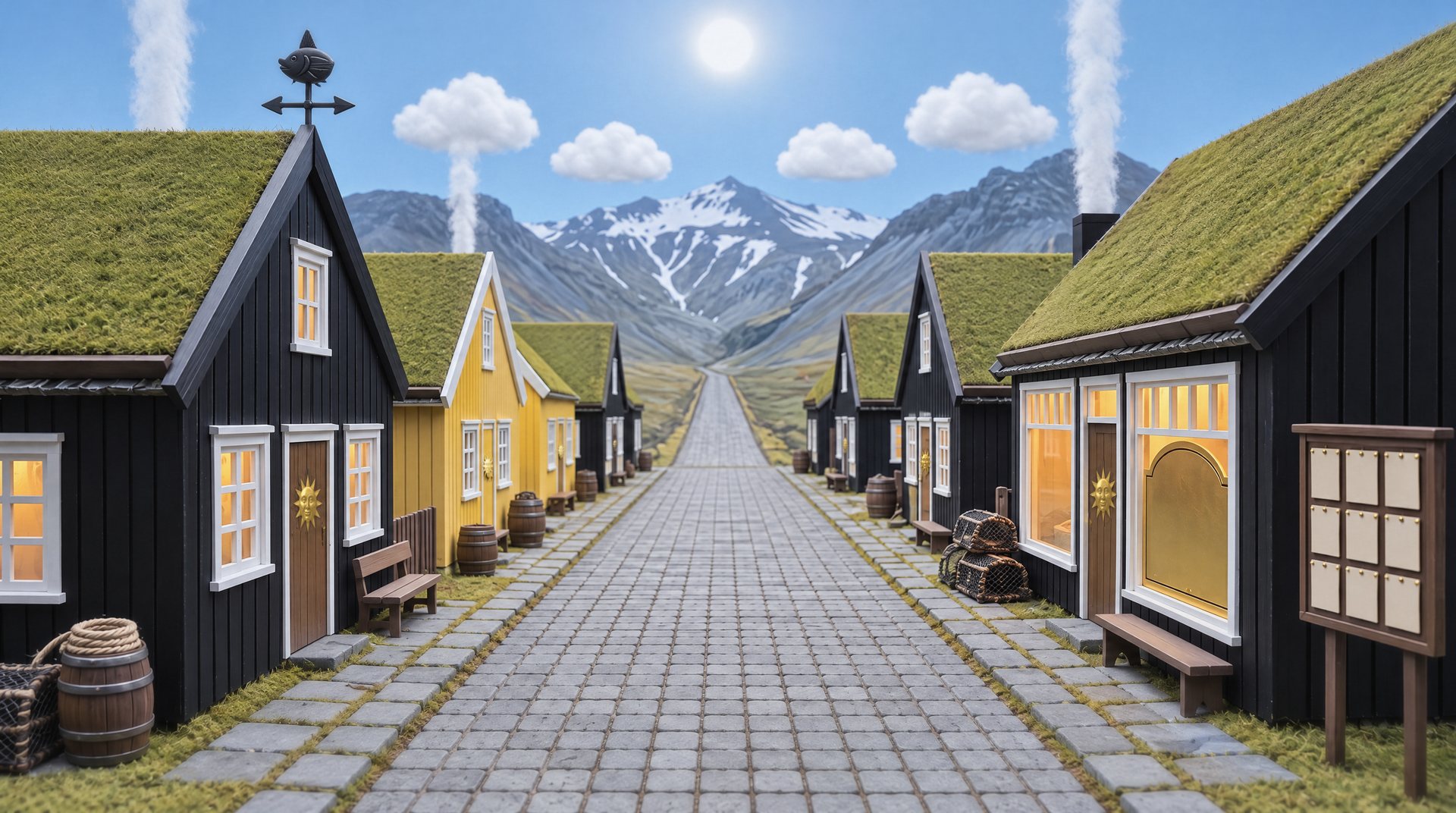 A very tidy street of black houses at noon.