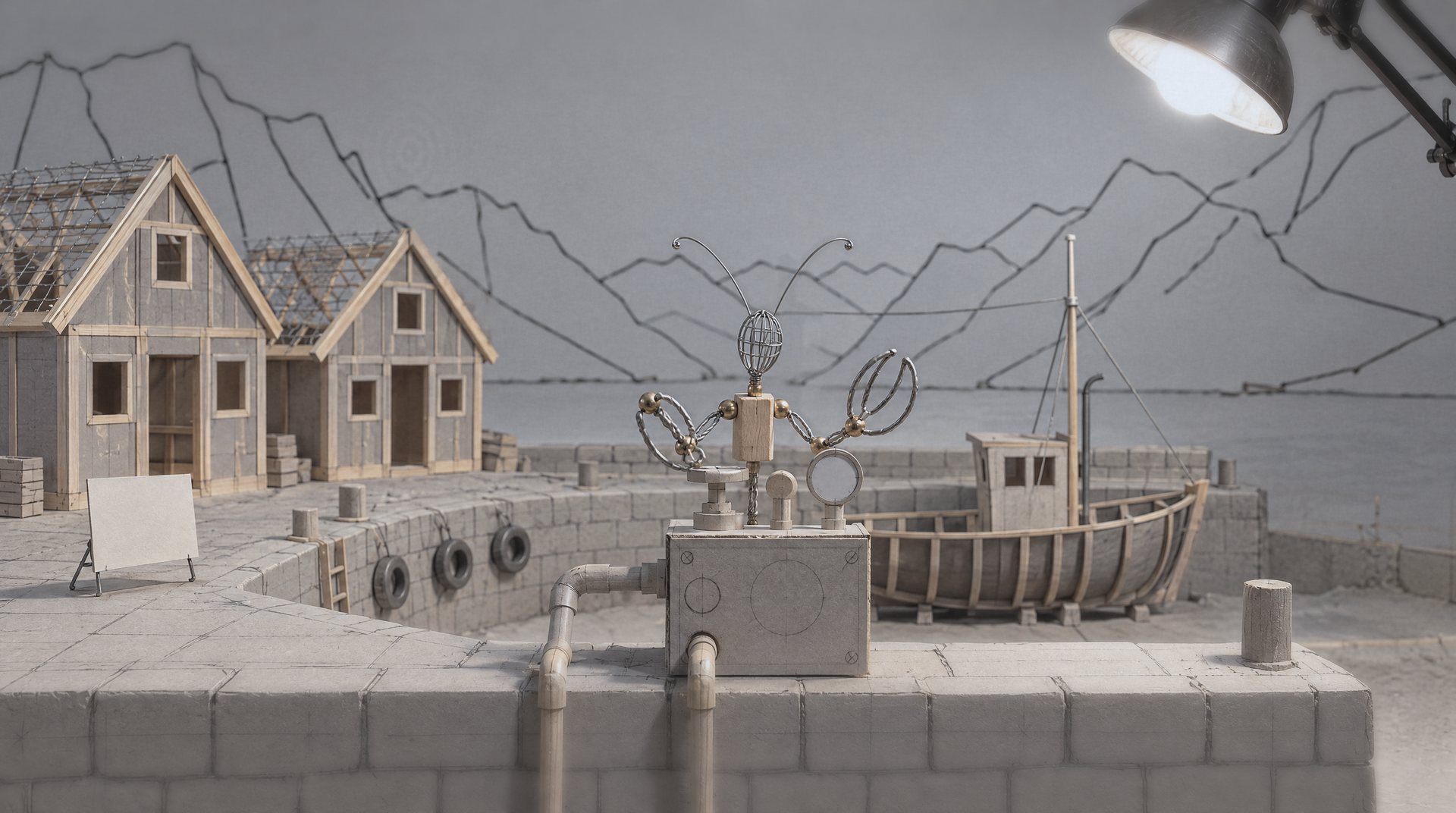 Bare wire and pencil lines under a single work lamp.