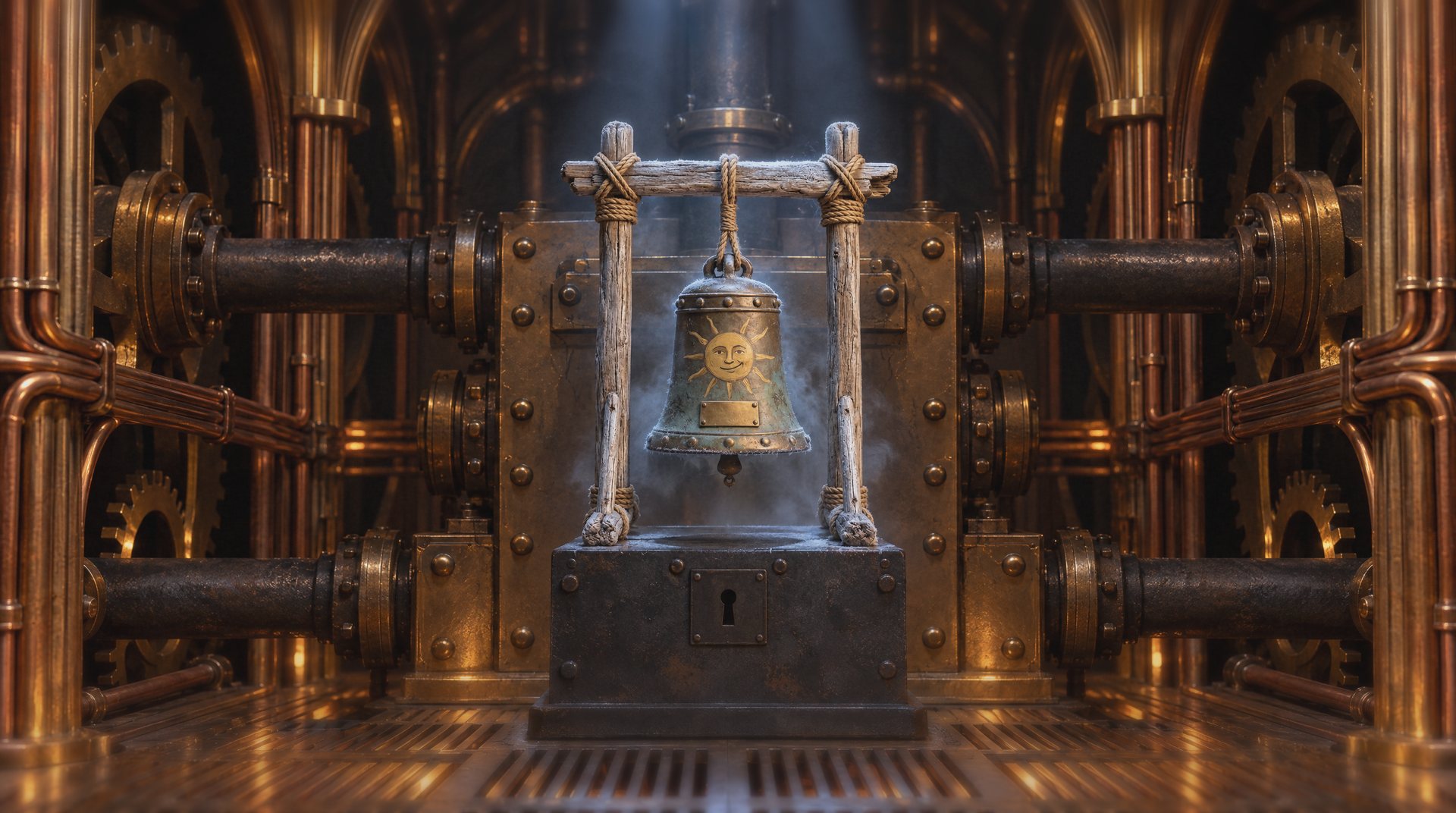 A small bell on a wooden frame in warm brass light.