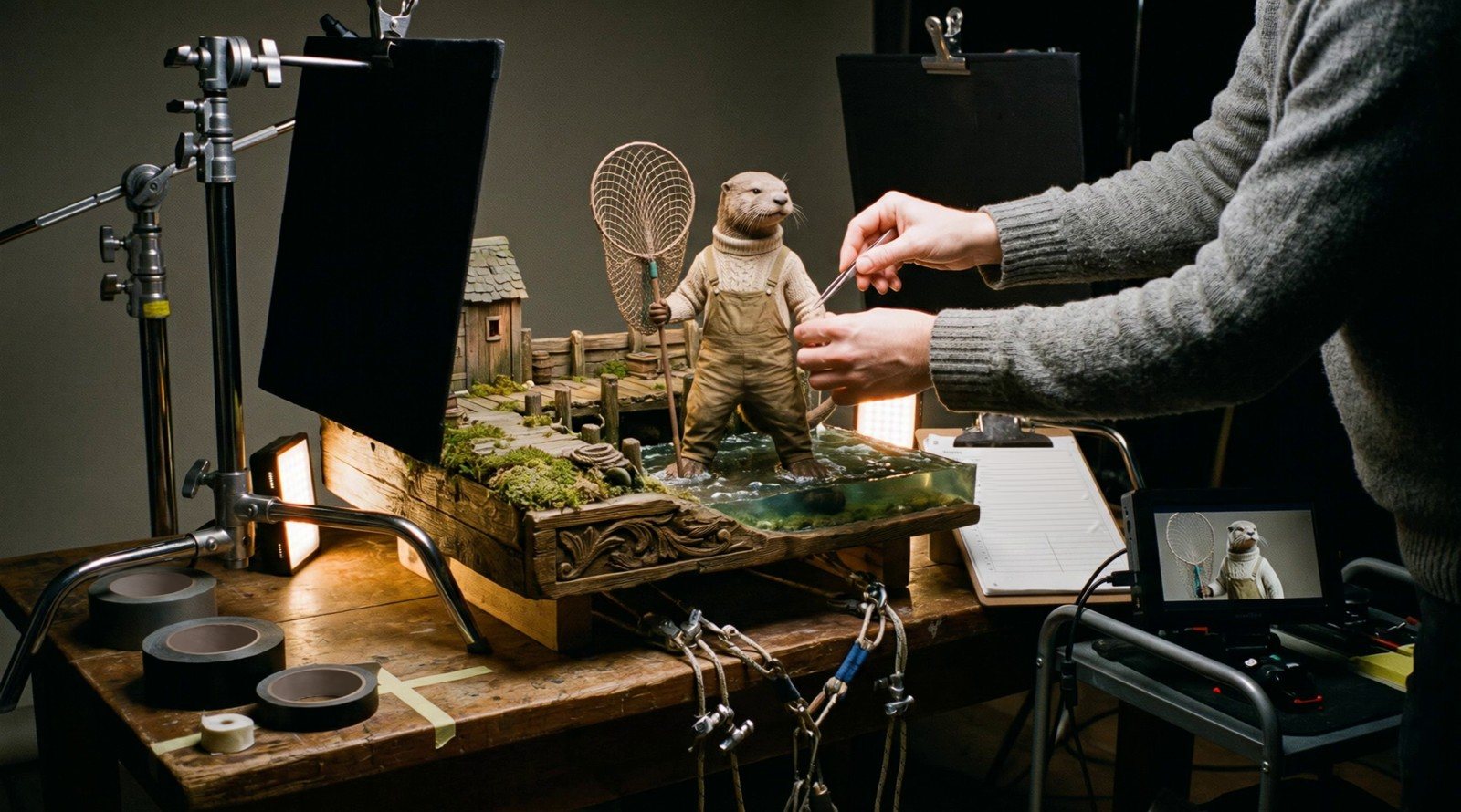 An animator's hands in a darned grey jumper move an otter puppet with tweezers on a small dock set. Lamps, black flags and stands around the bench; a field monitor shows the shot.