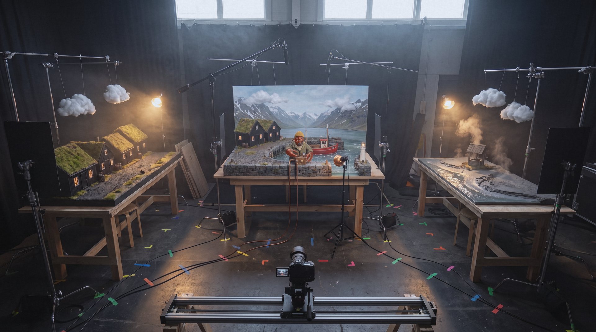 The harbour as a miniature on a wooden table in a dark studio. Work lamps, black flags on stands, a small camera on a slider aimed at the lobster puppet, a field monitor showing the shot, an empty stool with a grey cardigan.