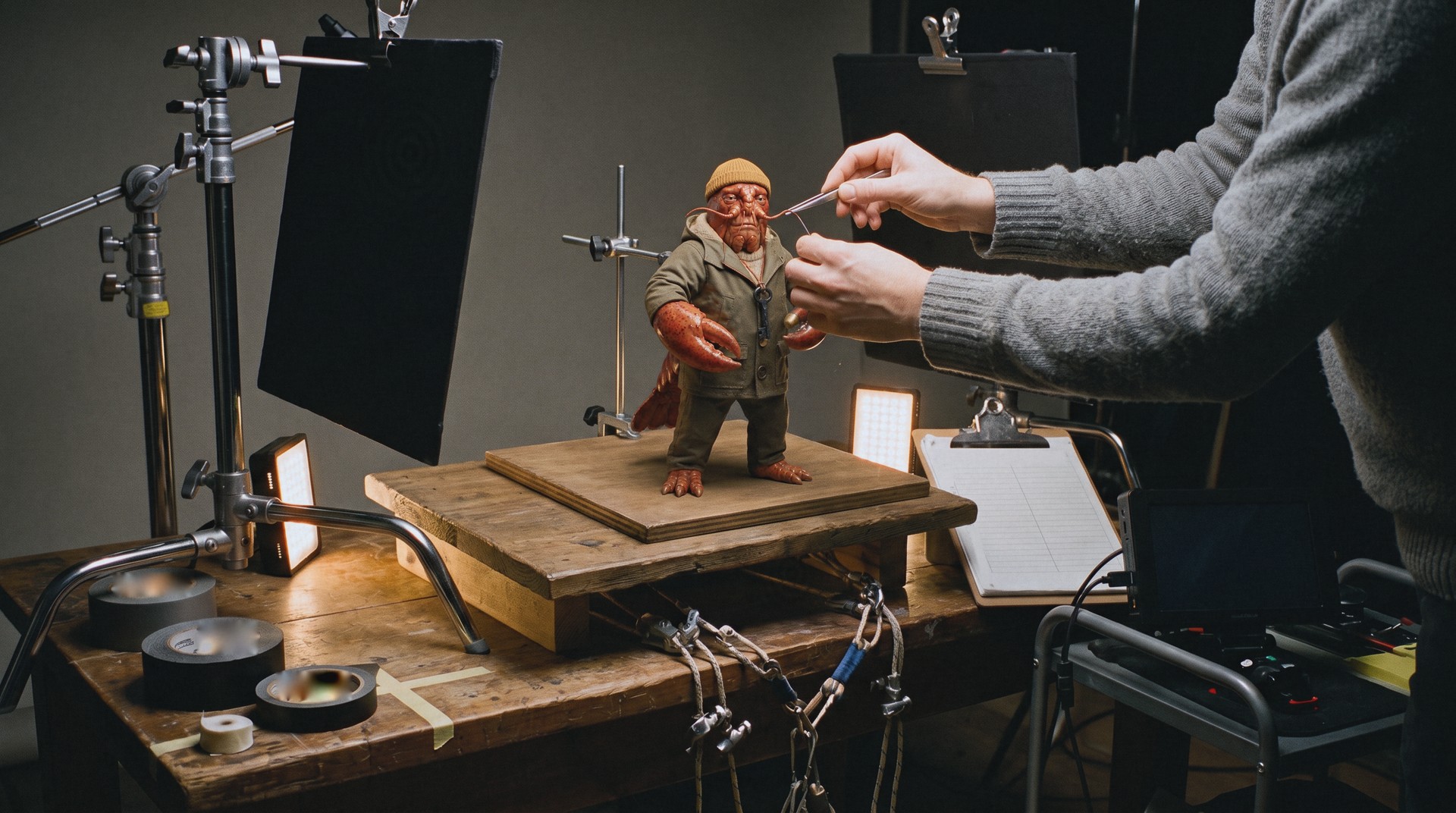 A lobster puppet on an animation stand under a single key light, a camera an arm's length away, a tray of small poses, and a dope sheet on a clipboard.