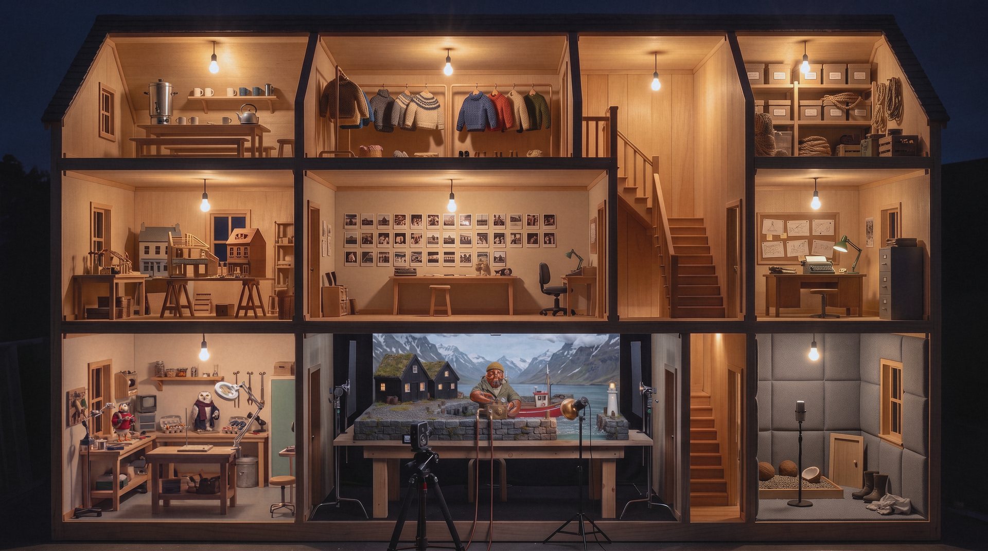 A tall old building cut away like a doll's house at night. Lit rooms on three floors, workbenches, rails of tiny jumpers, a wall of instant photos, a staircase, and on the ground floor a miniature harbour on a table under lamps.