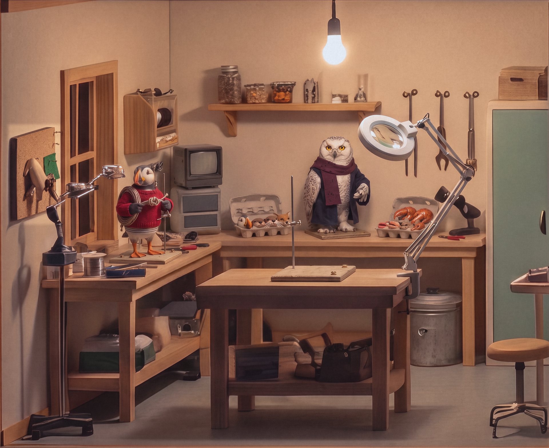 A puppet repair room. Wooden benches, armature stands with tiny clamps, egg boxes of miniature faces, a turntable, a lit magnifier on an arm, a small monitor on a shelf.